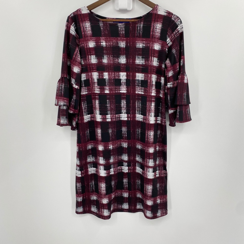 Apt. 9 Women Shift Dress S Bell Sleeve Plaid Burgundy Office Preppy Art Workwear